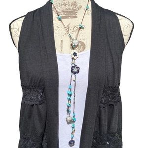 ♛4/$20♛ Thai Floral Beaded NECKLACE 40" Festive Tropical Blue White Gray